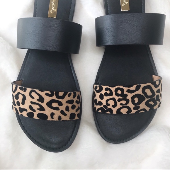 Black & Leopard Print Double strap Slide Sandals - Picture 5 of 8